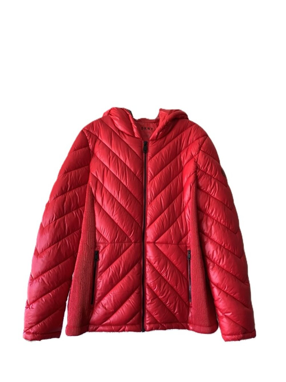 NWT DKNY Red Chevron Quilted Hooded Packable Puffer Jacket Women's Size L